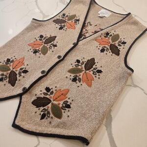 Hand Embroidered Festive Fall Leaf Patchwork Knit Vest Cardigan Small Tan Orange